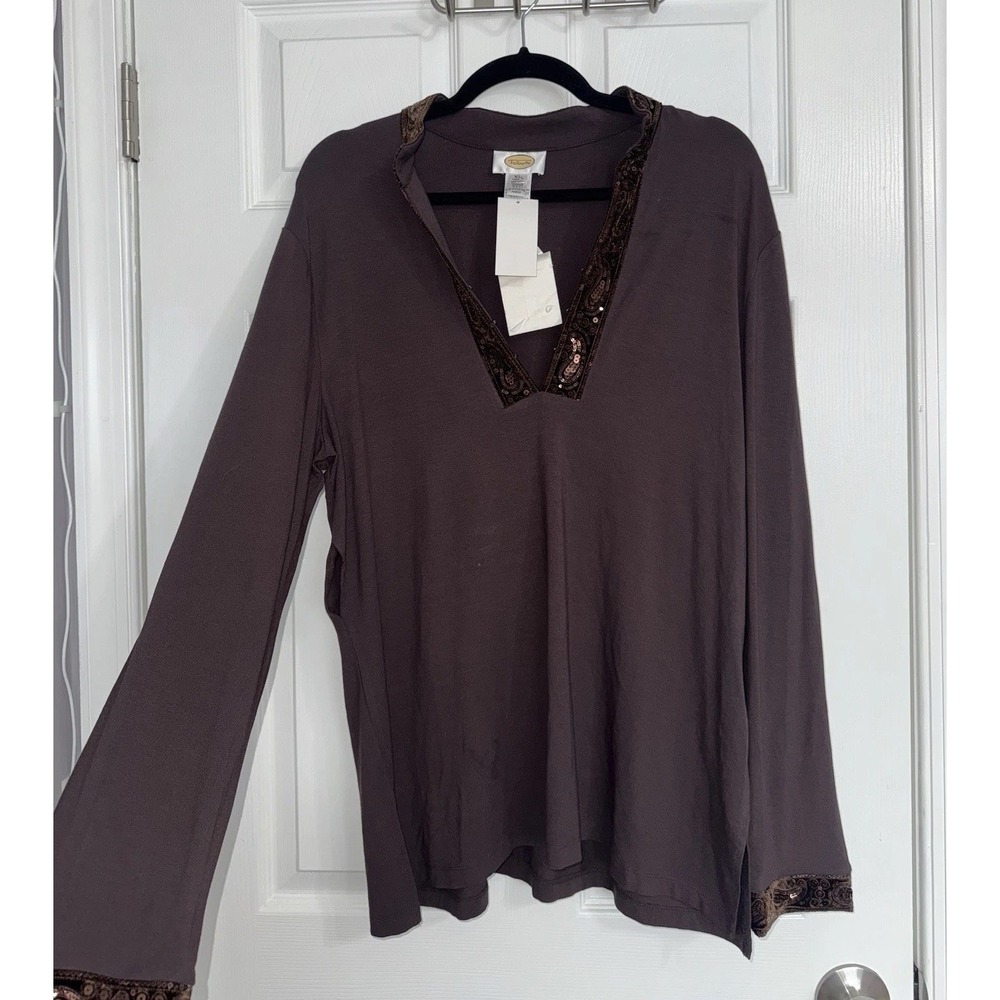 NWT Talbots Women's Blouse Sequin Tunic Brown XL Longsleeve Shirt